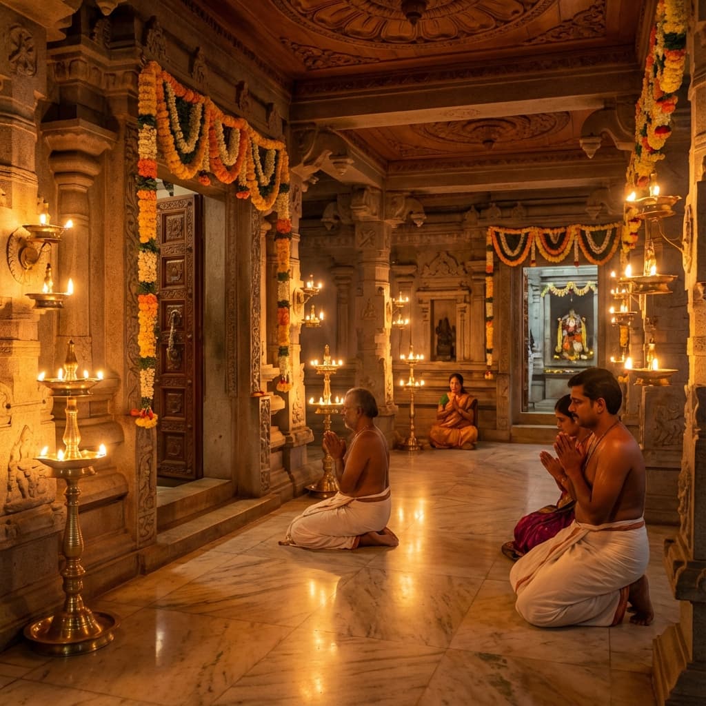 Temple interior with oil lamps